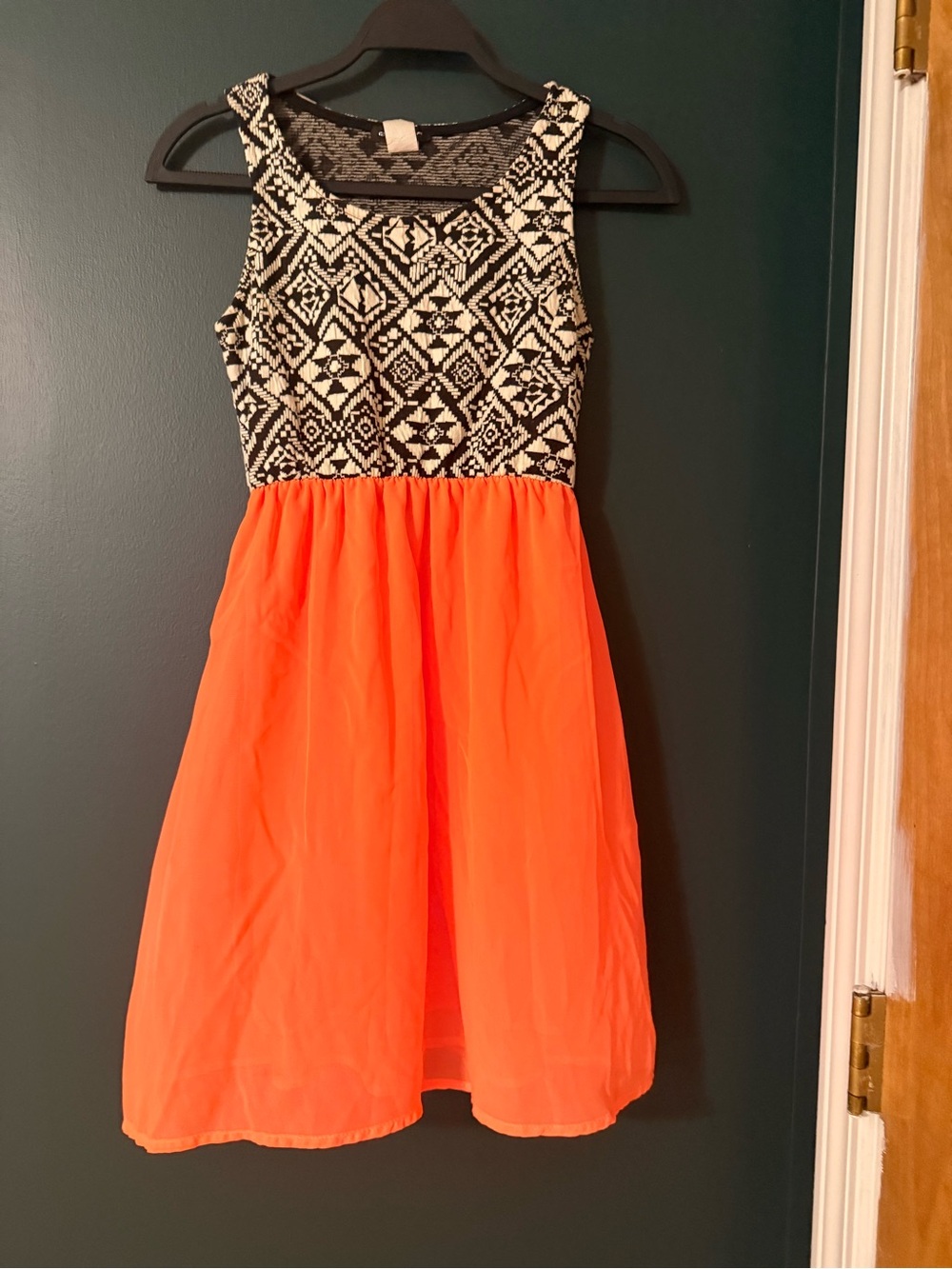 Black & Neon Orange Sleeveless Patterned Bodice Dress